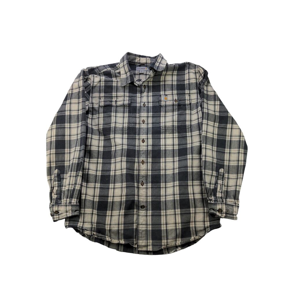 Mens Carhartt Original Fit Button Up White BLK Plaid Long Sleeve Shirt SZ L Tall